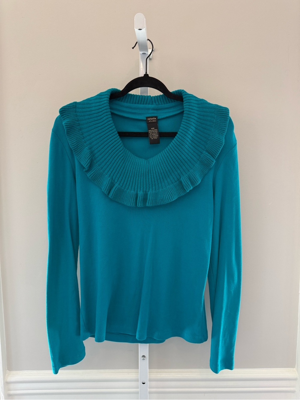 Rafaella Studio Teal Ribbed Ruffle Collar Long Sleeve Top Women’s Sz M